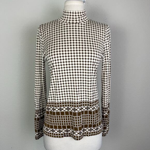 Tory Burch Brown Tan Dot Stretch Knit Back Zip Knit Top Small - Picture 2 of 8